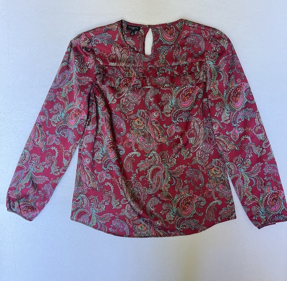 Talbots Petite Women's Burgundy Paisley Print Ruffle Keyhole LongSleeve Blouse P